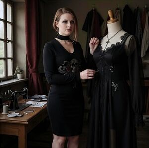 Skull Seamstress Studio Dress | Spiral Direct | Scoop Neck + Choker | Red Roses